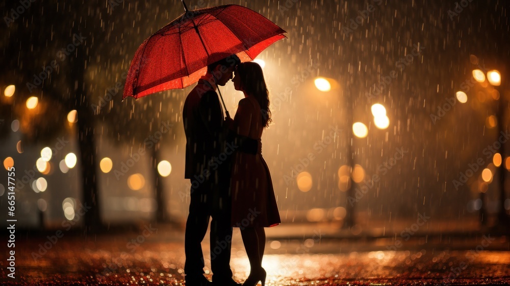 Couple under one umbrella in the rain