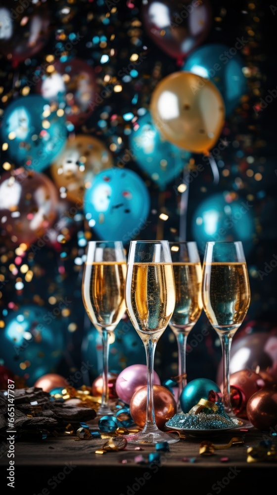 Champagne glasses surrounded by colorful balloons and streamers