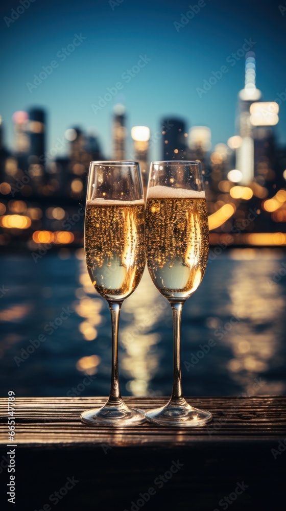 Champagne flutes with a sparkling cityscape in the background