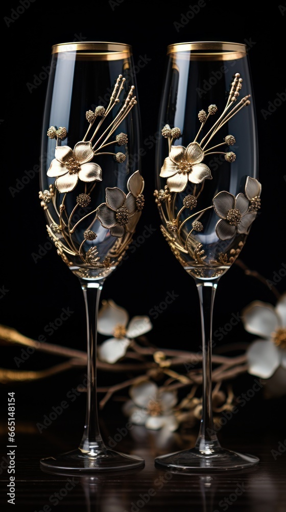 Elegant champagne glasses against a black background with gold accents