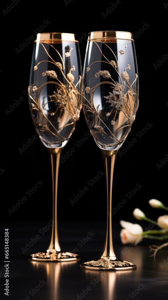 Elegant champagne glasses against a black background with gold accents