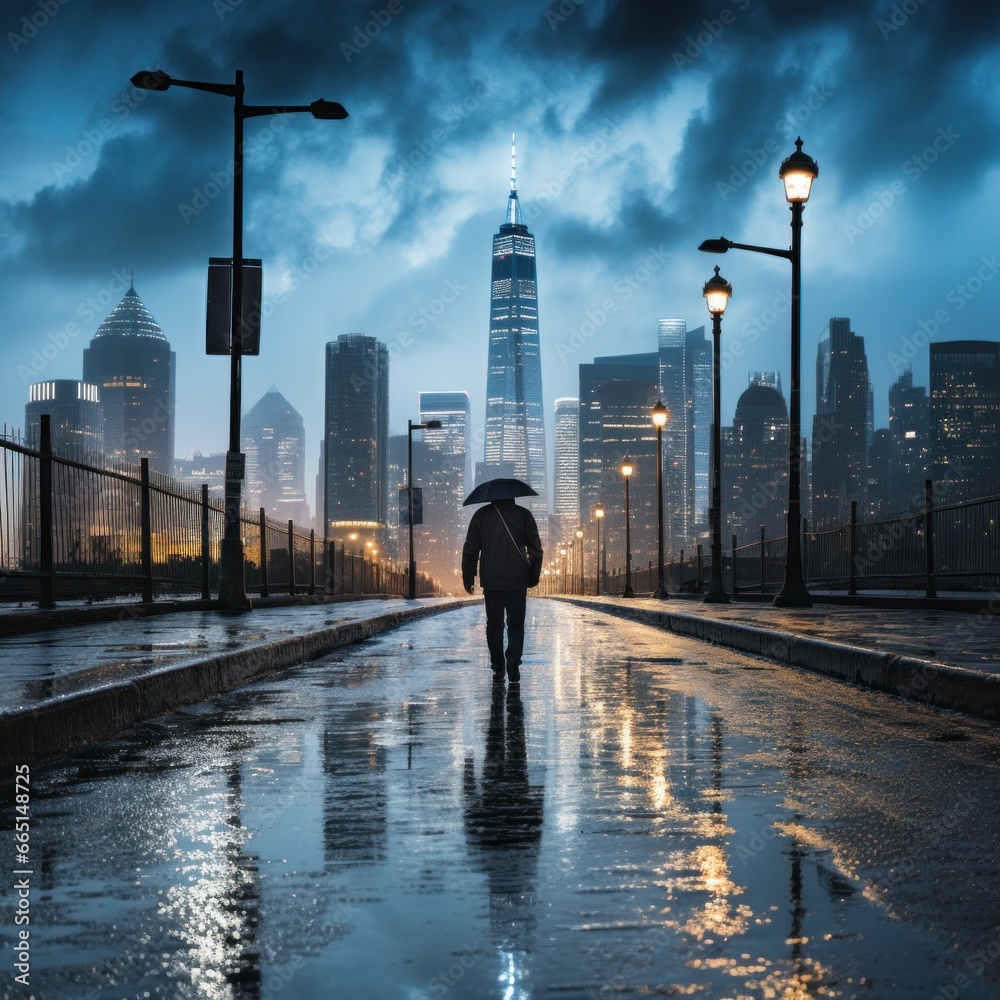 Man walking in the rain with city skyline in background