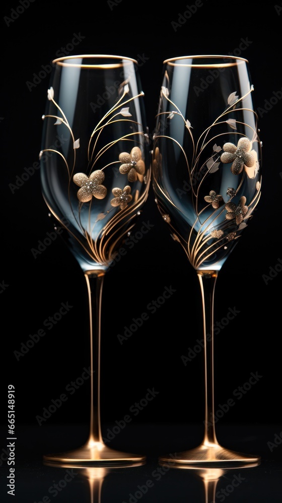 Elegant champagne glasses against a black background with gold accents