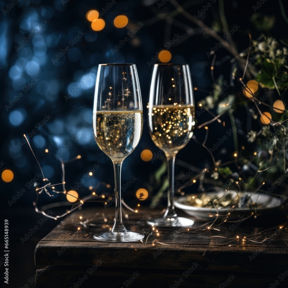 Elegant champagne glasses against a starry night sky