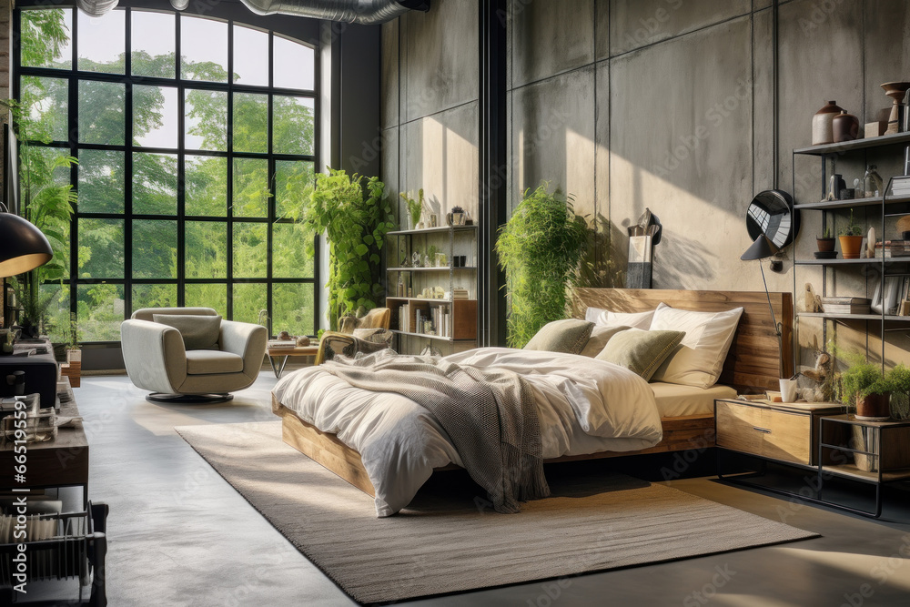 Large bedroom with modern loft interior design with bed, green plants and chair against gray concrete wall with big window