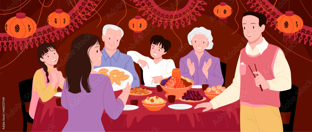 Cartoon happy parents, kids and grandparents gathering at lovely table with hotpot and dishes to eat food of Asian cuisine, celebration of relatives. Chinese family dinner vector illustration