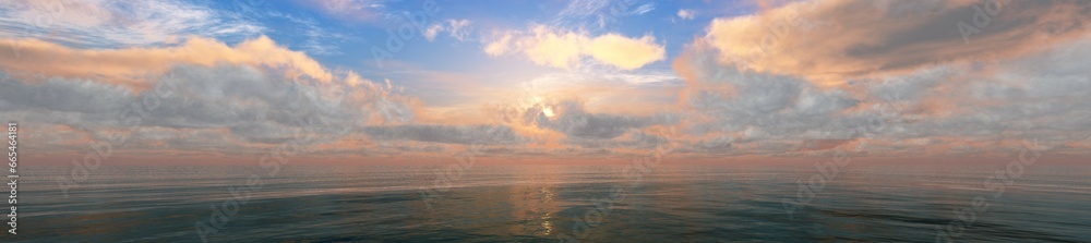 panorama of the ocean sunset, sea sunset, the sun in the clouds over the water, 3D rendering