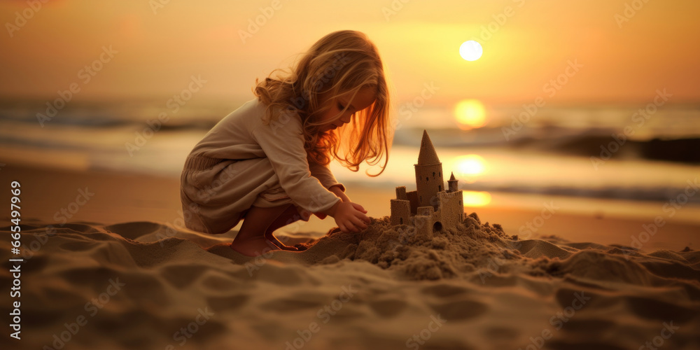 Little girl playing with a simple sandcastle on a beach