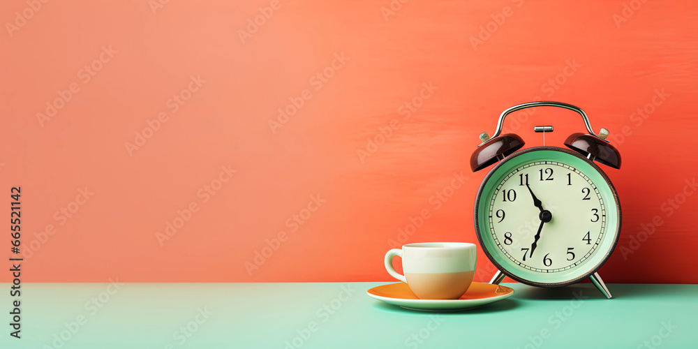 Vintage alarm clock and cup of coffee on the uniform pastel backdrop with a copy space. Generative AI