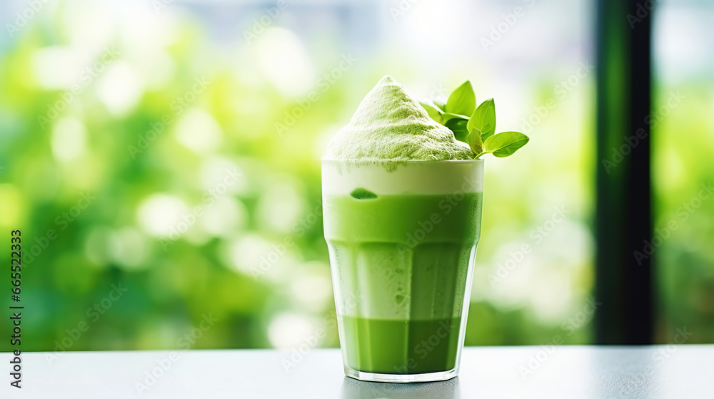 Closeup of iced matcha latte in a stylish glass on sunny background in front of the window in a cafe. Generative AI