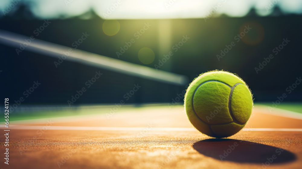 Closeup of tennis ball on empty court. Tennis match on sunny day. Concept of a sporty lifestyle. Generative AI