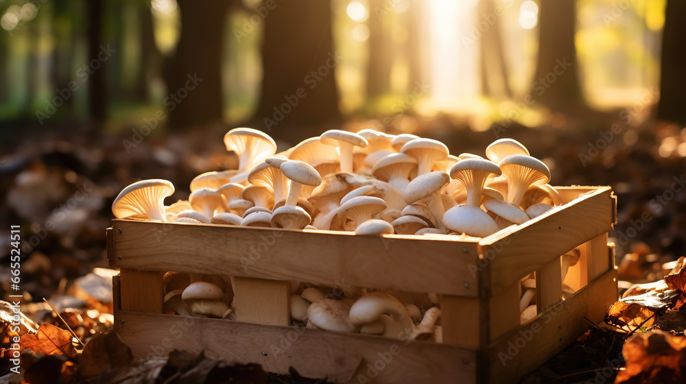 Oyster mushrooms in a wooden basket on a blurred background of the autumn forest. Generative AI