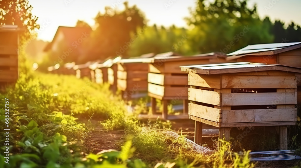 Closeup of honey hives in an apiary, sunny day. Apiculture concept. Generative AI