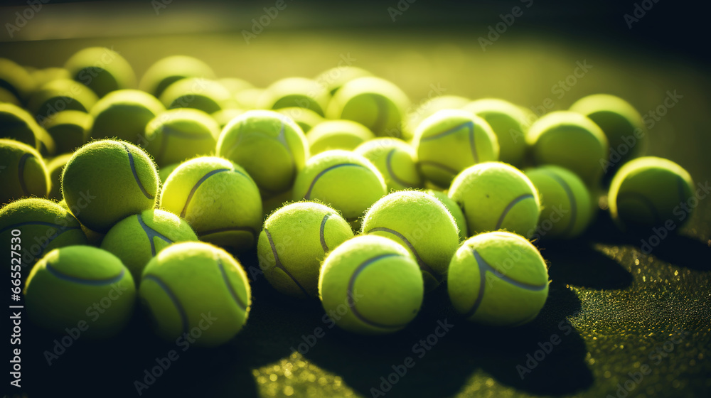 Closeup of a plenty of tennis balls on an empty tennis court, the sunshine. Sports lifestyle concept. Generative AI