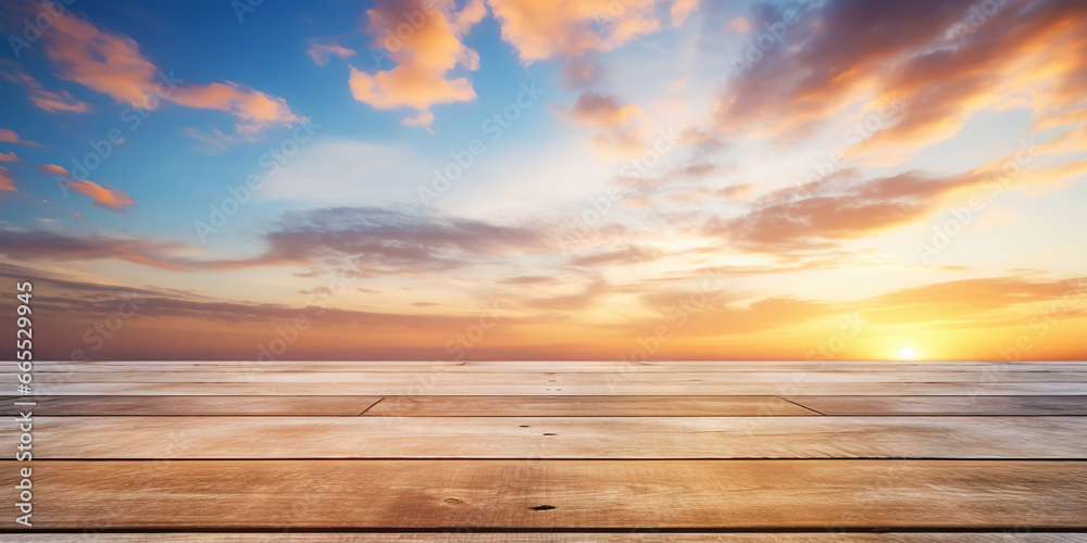 Wood table mockup with sunrise majestic sky background. Empty copy space for product presentation. Generative AI