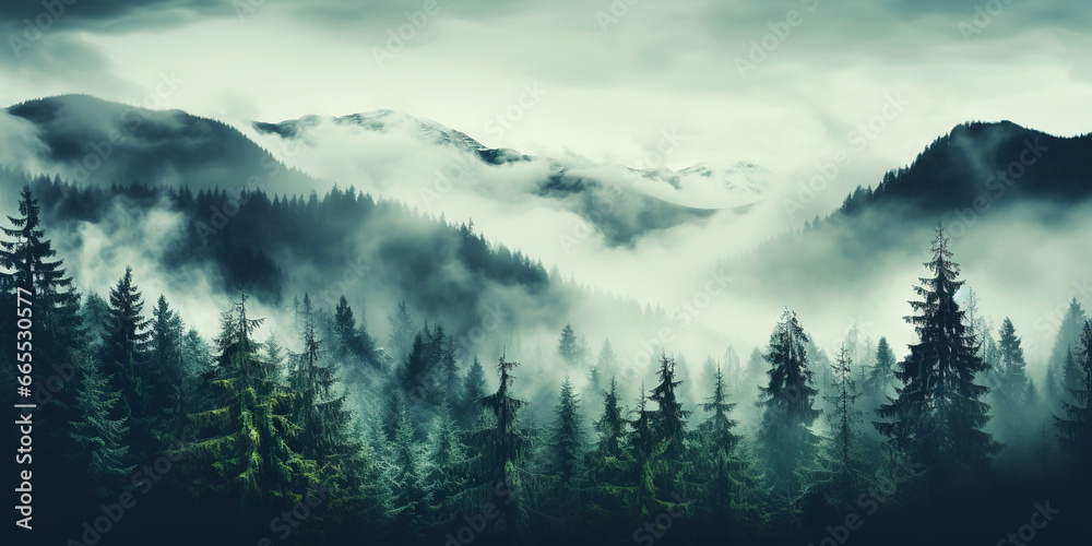 Misty mountain landscape with fir forest in vintage retro style. Generative AI