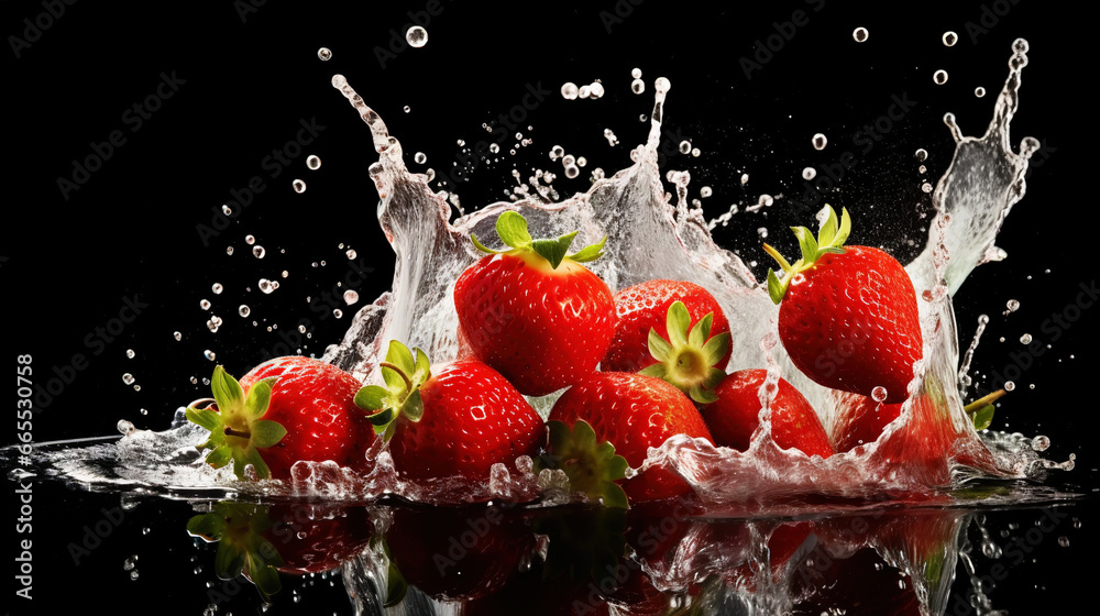 Fresh strawberry with water splashes on dark background. Generative AI