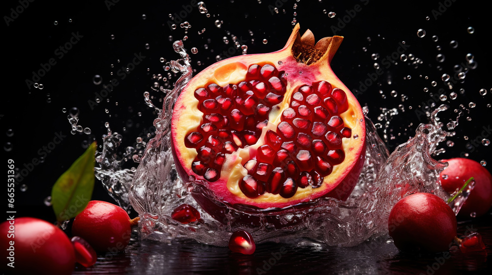 Fresh pomegranates with water splashes on black background. Generative AI