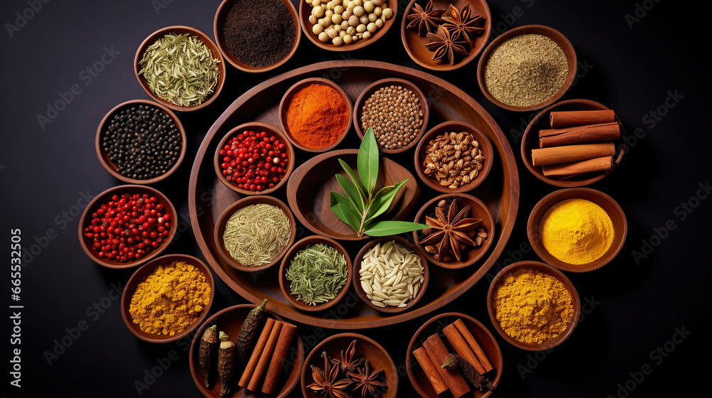 Collection of different aromatic spices and herbs in a wooden plates on dark background, view from above. Generative AI