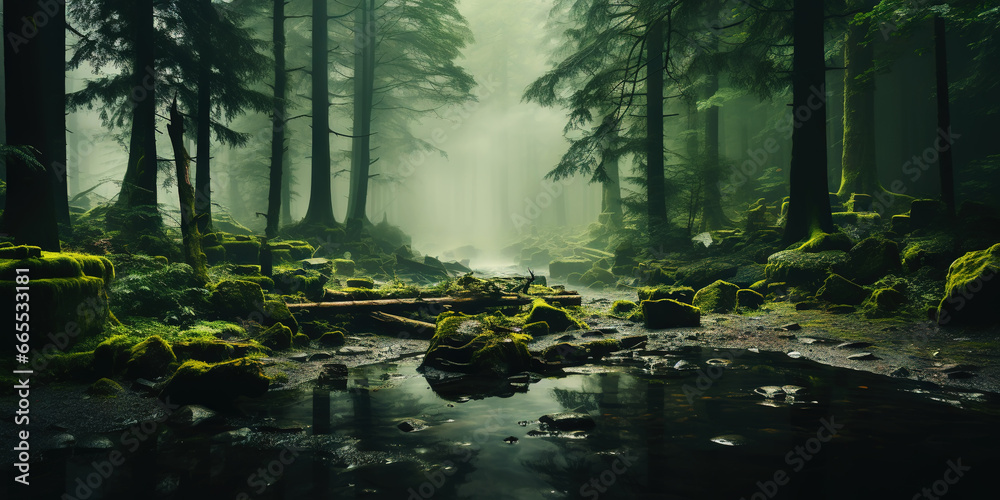 Misty mountain landscape with fir forest and river in vintage retro style. Generative AI