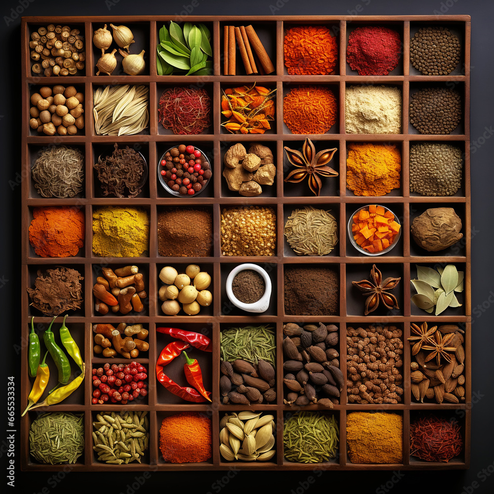 Collection of different aromatic spices and seeds in a wooden cells on black background, view from above. Generative AI