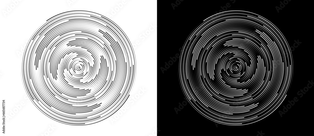 Abstract background with lines in circle. Art design spiral as logo or icon. A black figure on a white background and an equally white figure on the black side.