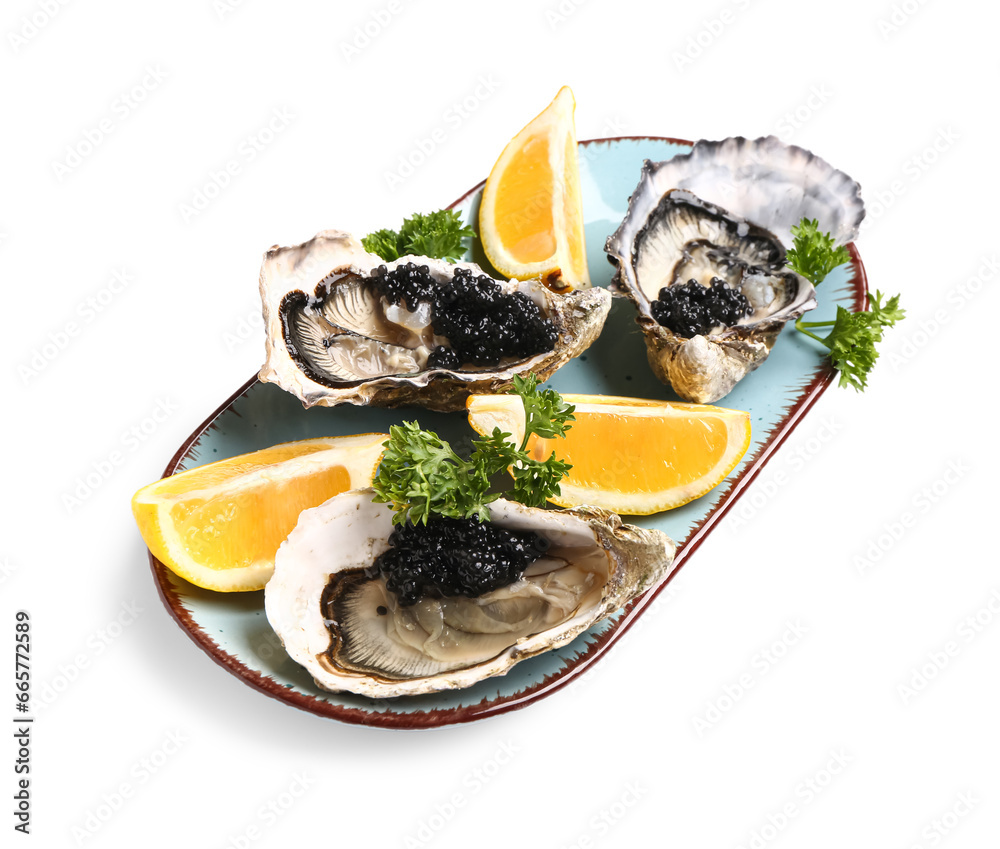 Plate of tasty oysters with lemon and black caviar on white background