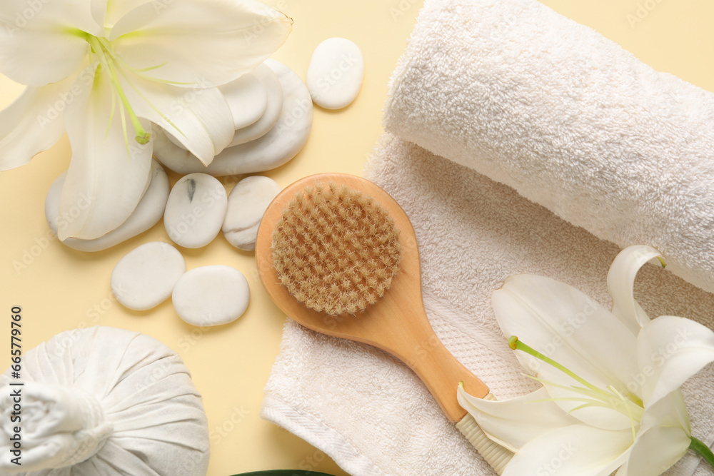 Composition with spa accessories and lily flowers on color background