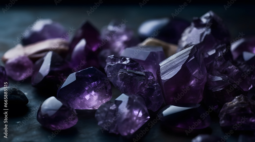 Amethyst geode on black background. Beautiful natural crystals gemstone. Extreme close up macro shot.