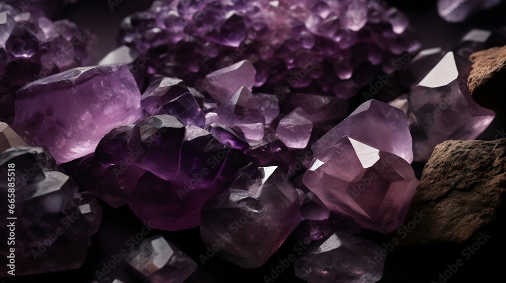 Amethyst geode on black background. Beautiful natural crystals gemstone. Extreme close up macro shot.