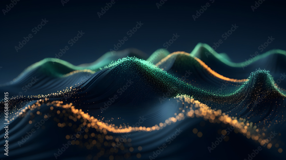 Data technology futuristic illustration. mountain of bright particles. Technological 3D landscape. Big data visualization. Network of dots connected by lines. Abstract digital background. 