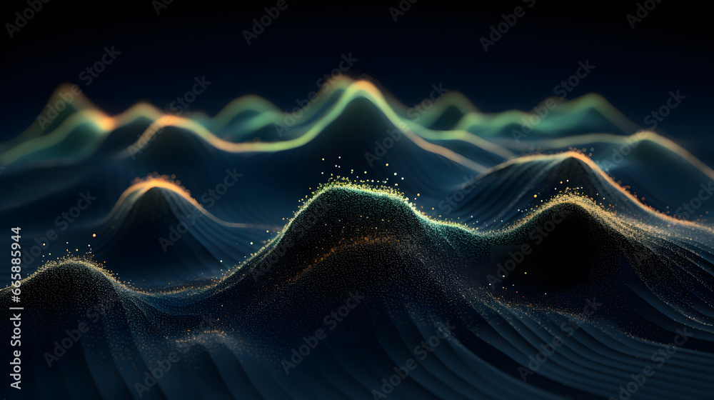 Data technology futuristic illustration. mountain of bright particles. Technological 3D landscape. Big data visualization. Network of dots connected by lines. Abstract digital background. 