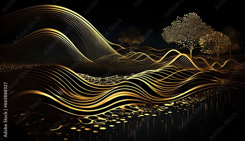 Water stream line art background, luxury gold wallpaper design for cover background