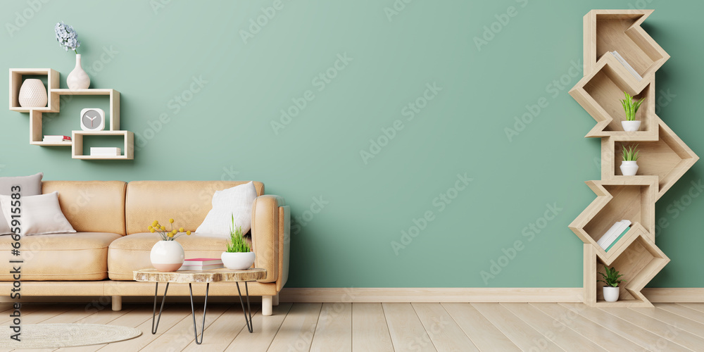 Living room with leather sofa and decoration room on empty dark green wall background