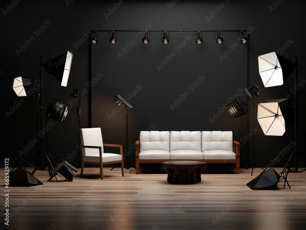 Interior of modern photo studio with black walls, wooden floor and white leather sofa. Generative AI