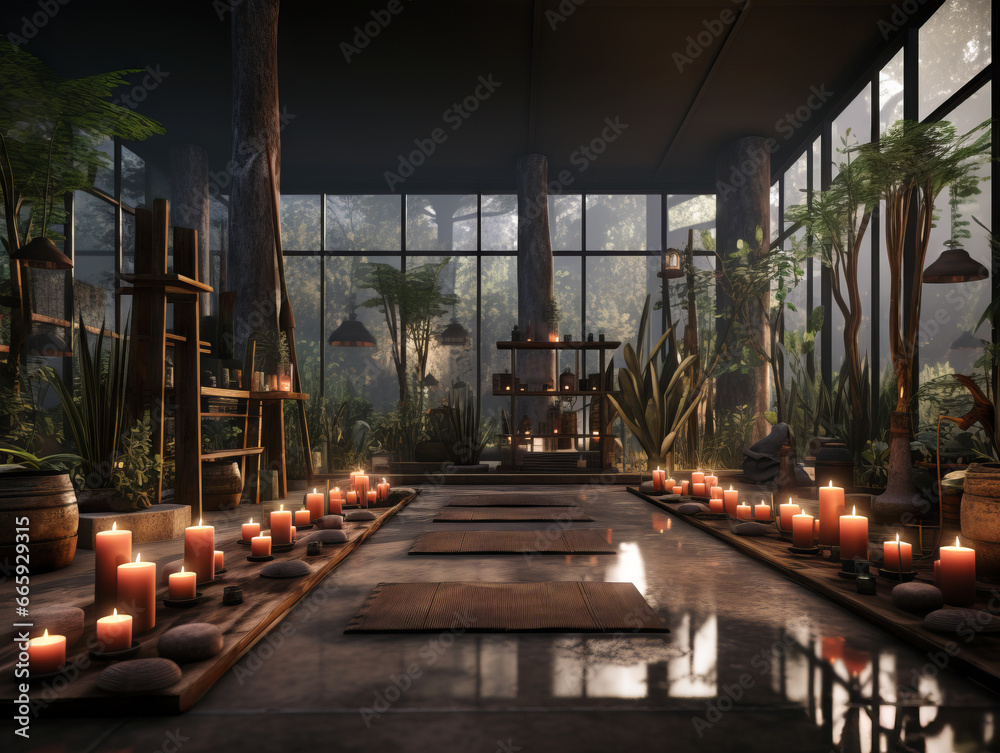 Yoga studio interior with candles and plants. Generative AI