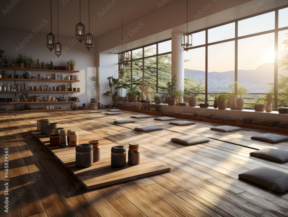 Interior of the yoga studio with a wooden floor. Generative AI