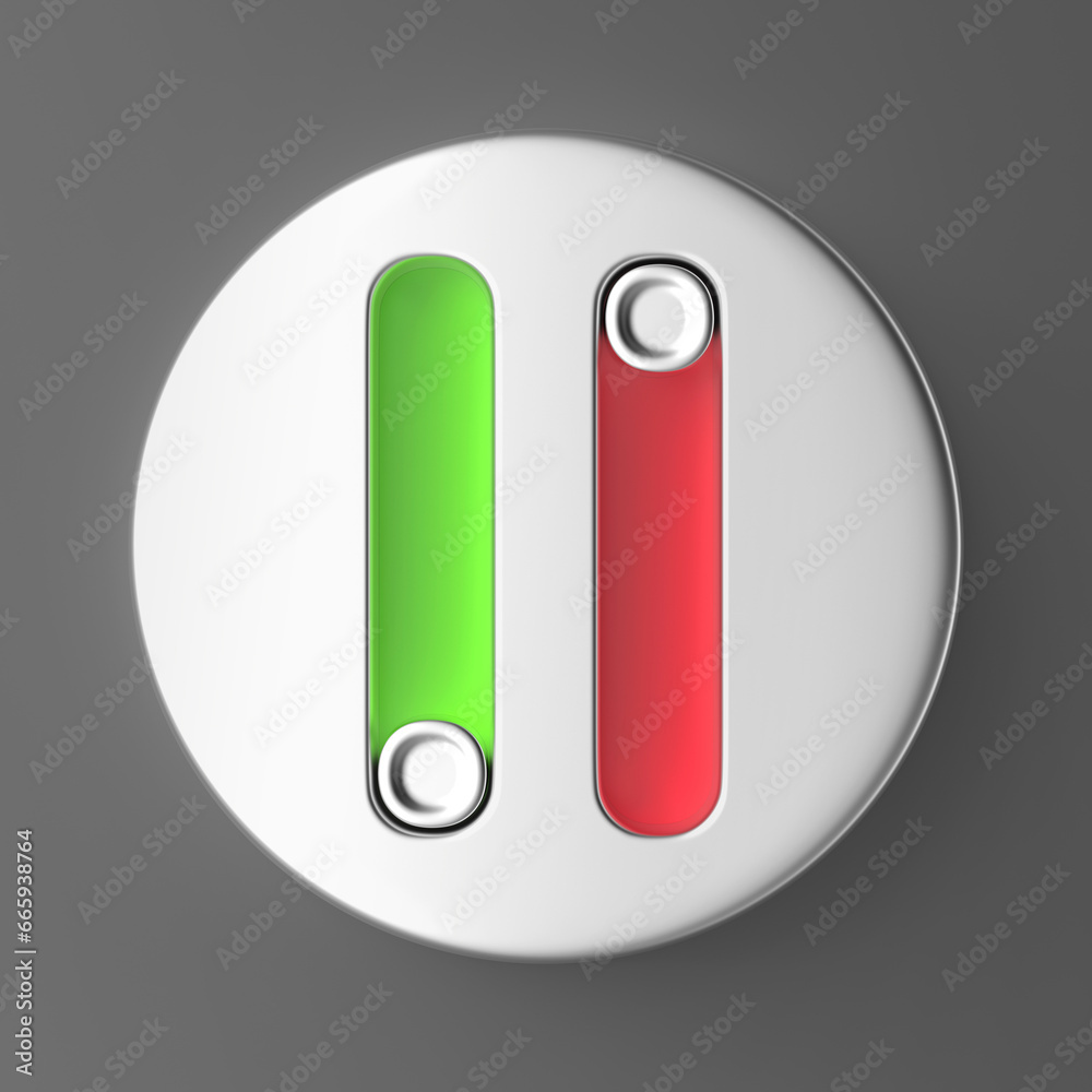 Round silver icon with toggle sliders for control settings on grey background