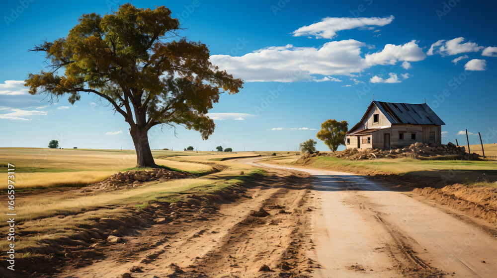 Small House and Trees on the Plains with Muddy Dirt Road