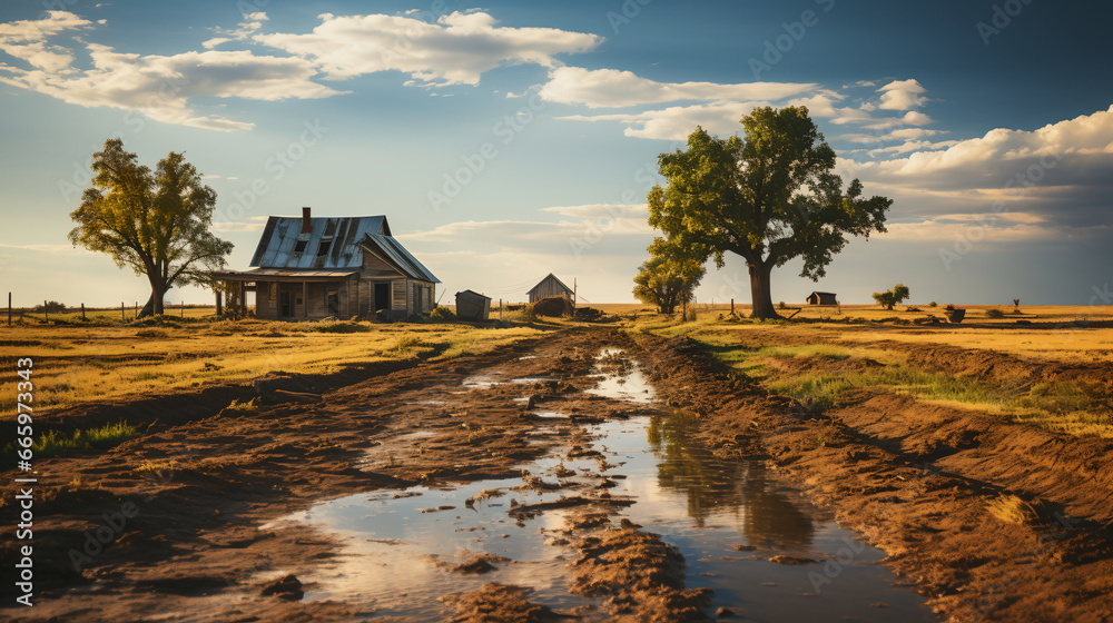 Small House and Trees on the Plains with Muddy Dirt Road