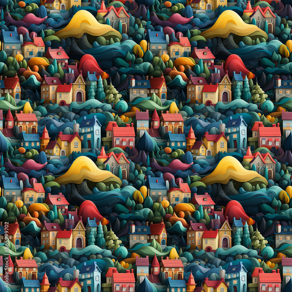 little town in vivid colors. Seamless pattern.