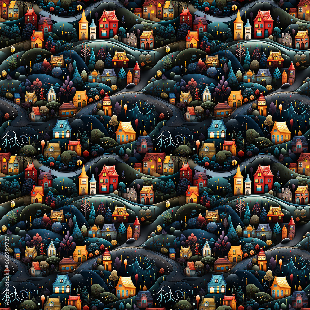 little town in vivid colors. Seamless pattern.