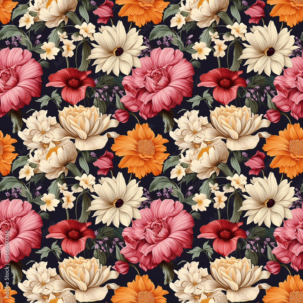 retro flowers botanical illustration. Seamless pattern.