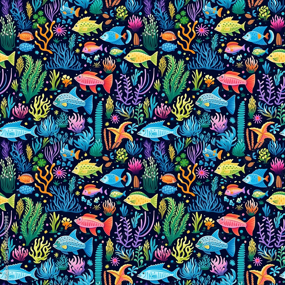 childish cartoon vibrant pattern with sea life. Seamless pattern.