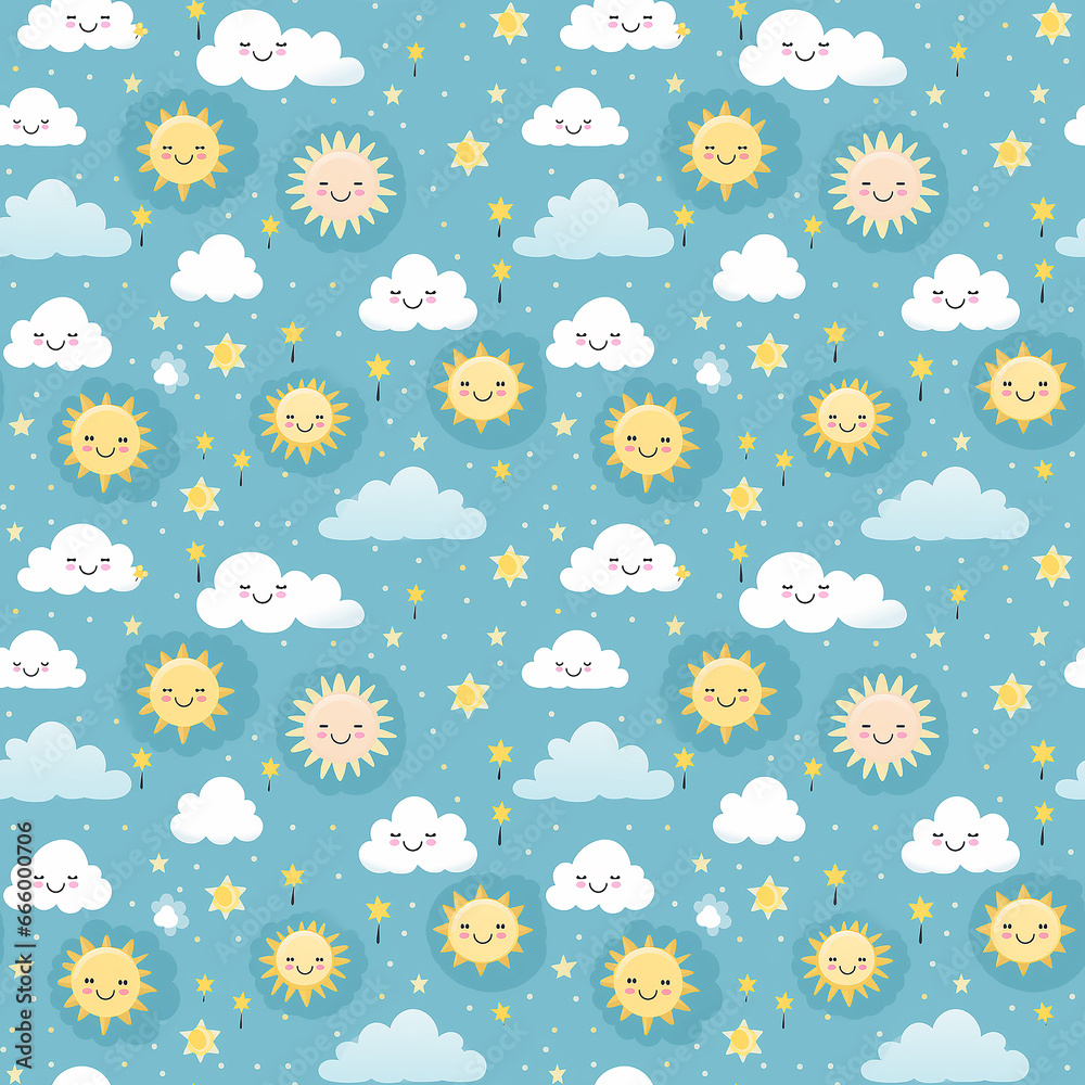 cute childish pattern with sun and clouds. Seamless pattern.