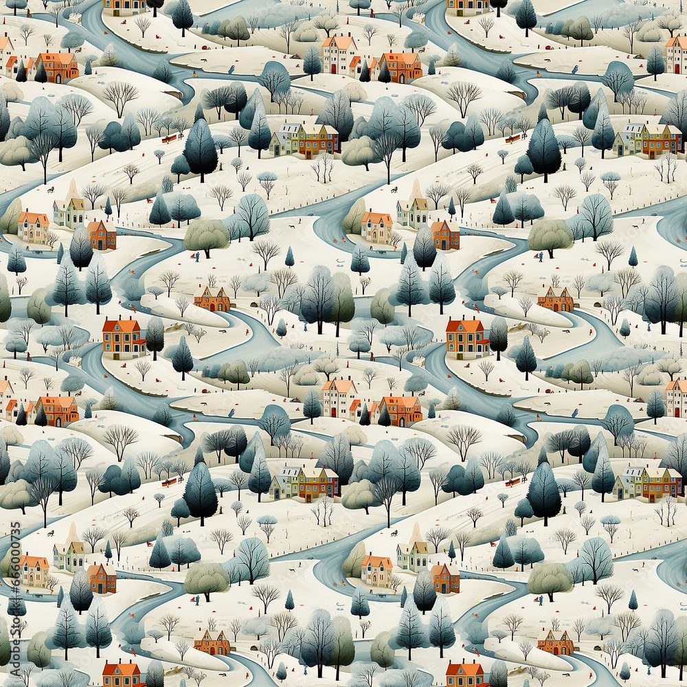 winter in litte town  naive art. Seamless pattern.