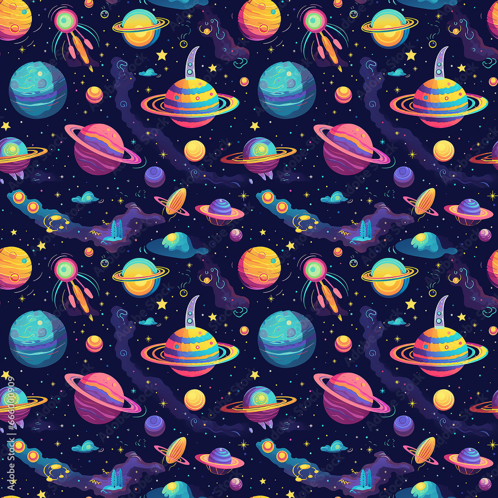 space background naive art. Seamless pattern.