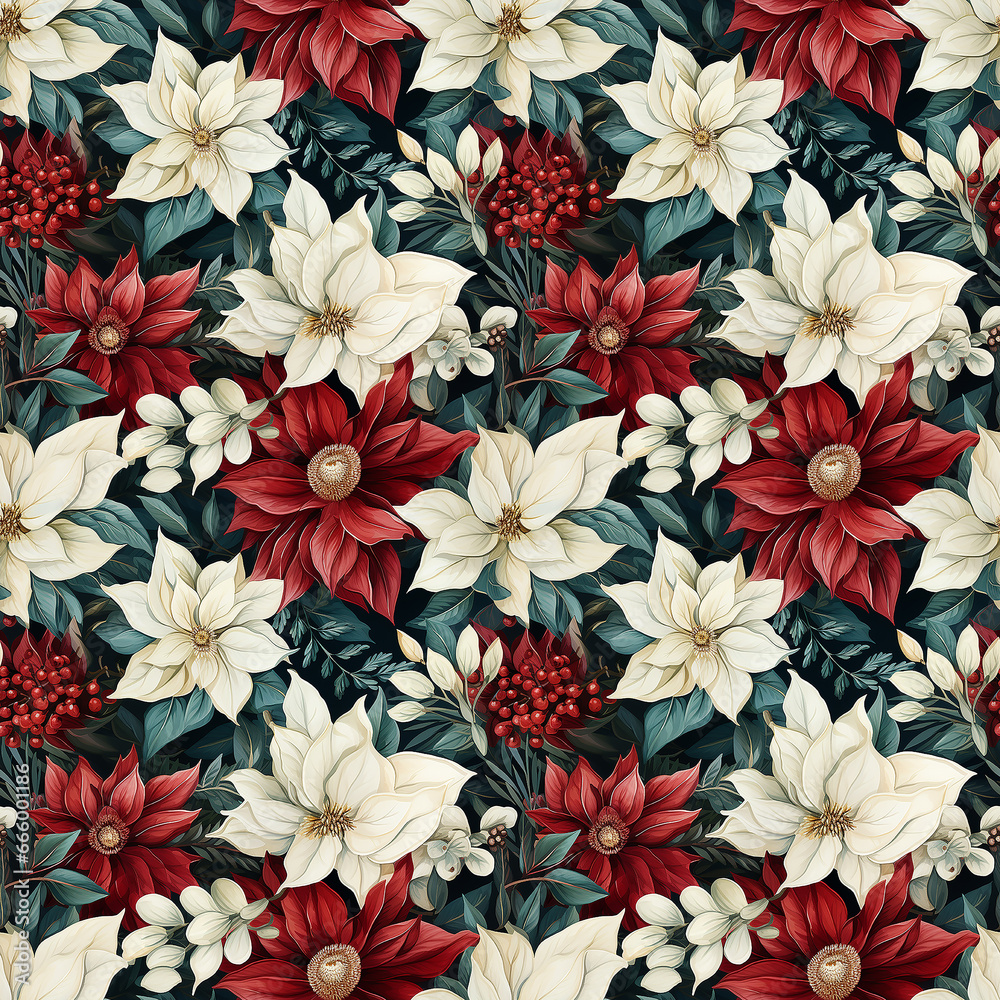 poinsettia watercolor flower pattern. Seamless pattern.