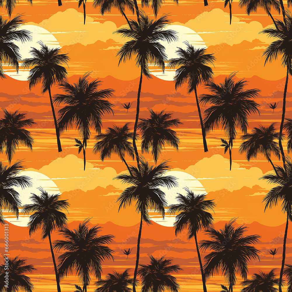 Seamless tropical pattern palm trees on an orange background