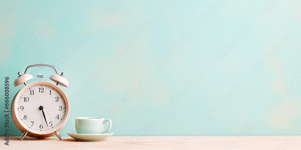 Vintage alarm clock and cup of hot coffee on the uniform pastel backdrop with a copy space. Generative AI